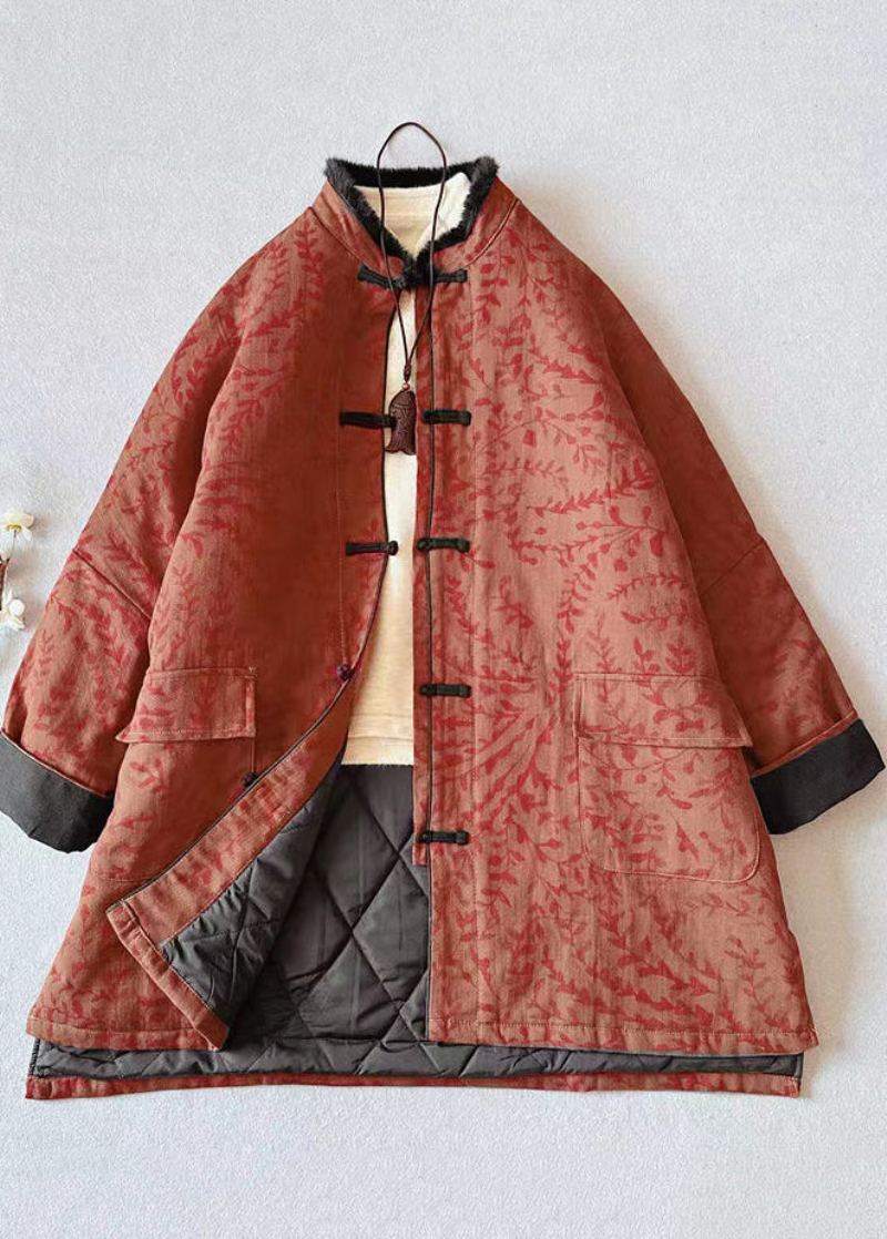 Vintage Noir Imprimé Poches Col De Fourrure Patchwork Fin Coton Rempli Manteau Hiver - Doudounes femmes