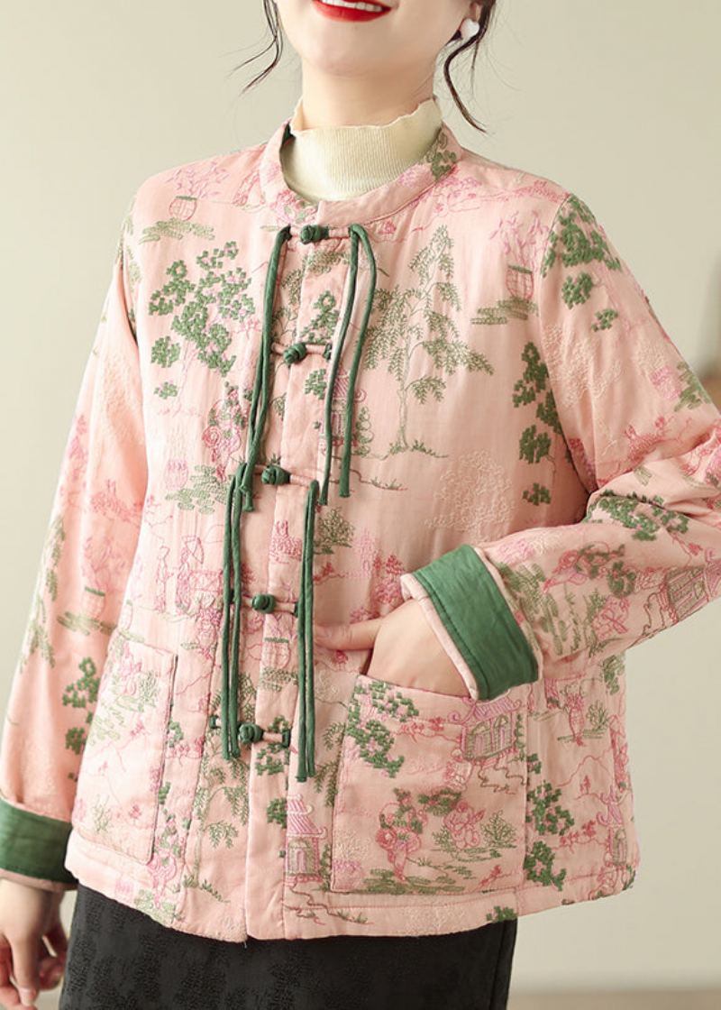 Vintage Rose Glands Poches Brodées Veste Remplie De Coton Fin Hiver - Doudounes femmes