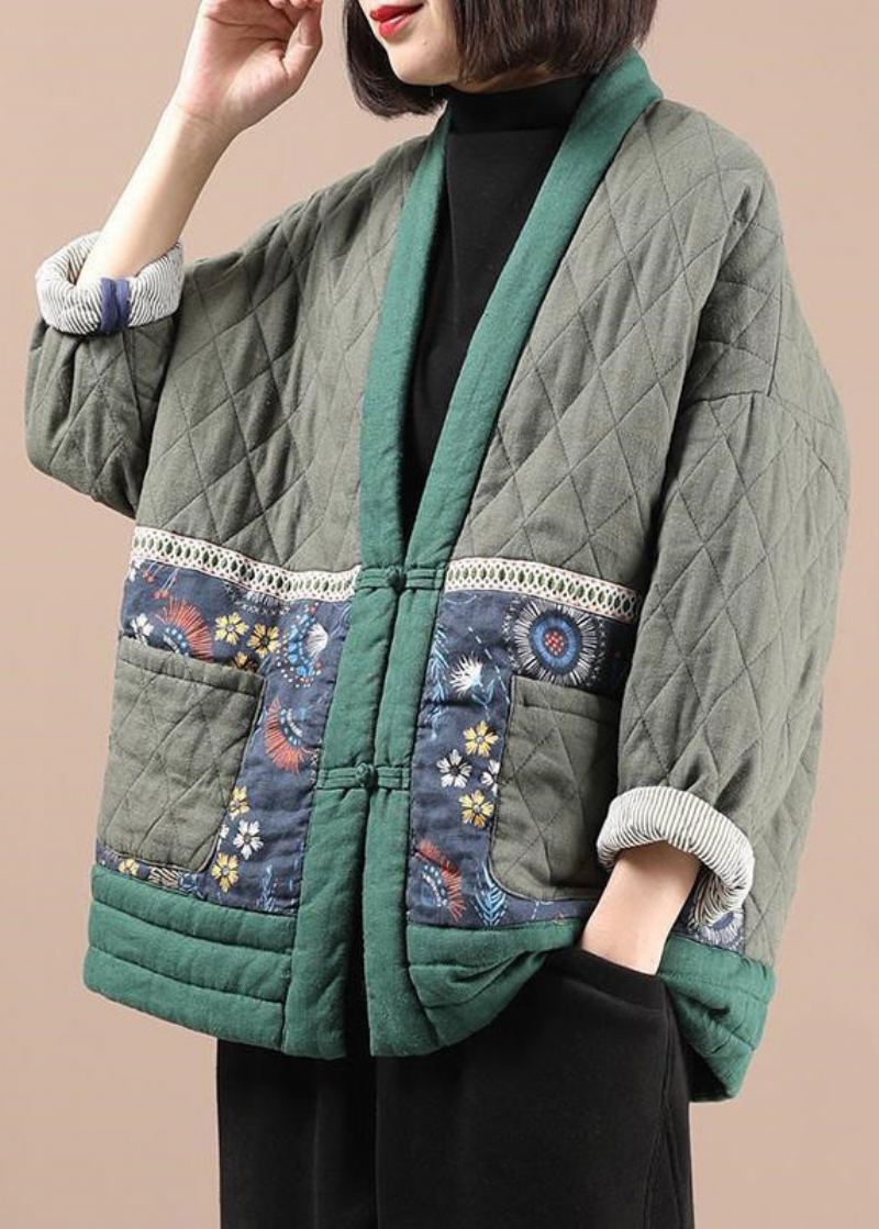 Vintage Vert Col En V Poches Fine Coton Rempli Veste Hiver