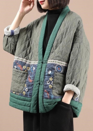 Vintage Vert Col En V Poches Fine Coton Rempli Veste Hiver