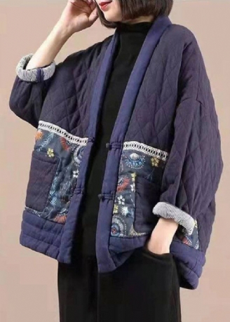 Vintage Violet Col En V Patchwork Imprimé Coton Fin Rempli Parkas Hiver