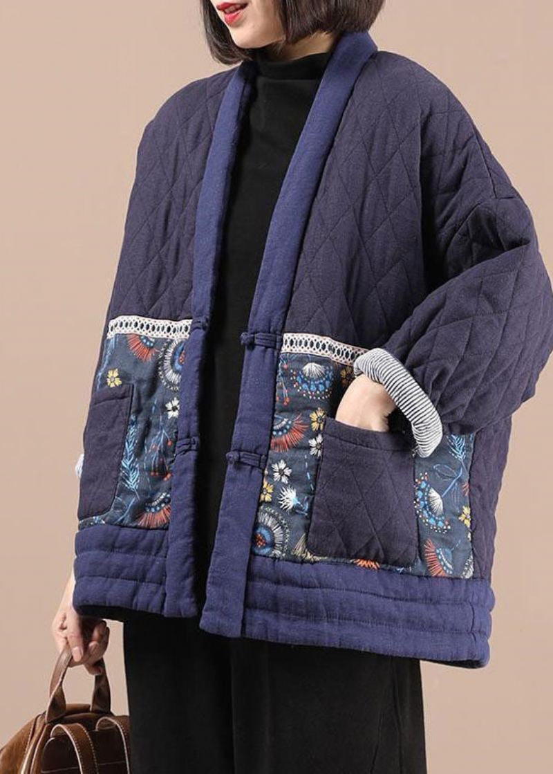 Vintage Violet Col En V Patchwork Imprimé Coton Fin Rempli Parkas Hiver - Doudounes femmes