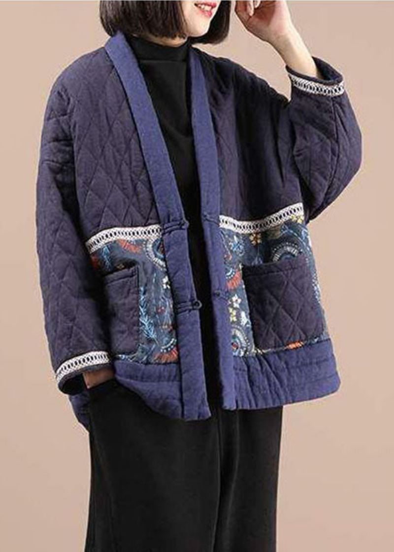 Vintage Violet Col En V Patchwork Imprimé Coton Fin Rempli Parkas Hiver - Doudounes femmes