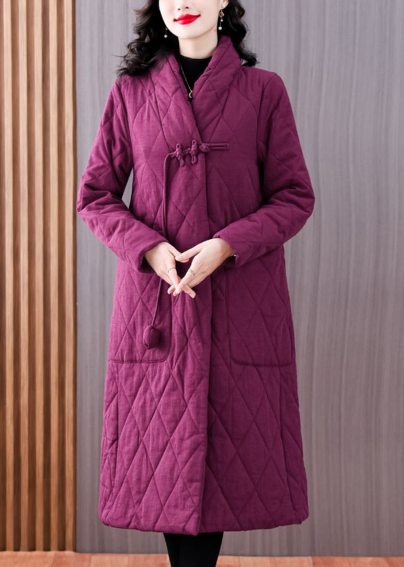 Vintage Violet Col En V Poches Bouton Chinois Fin Coton Rempli Manteau Hiver - Doudounes femmes