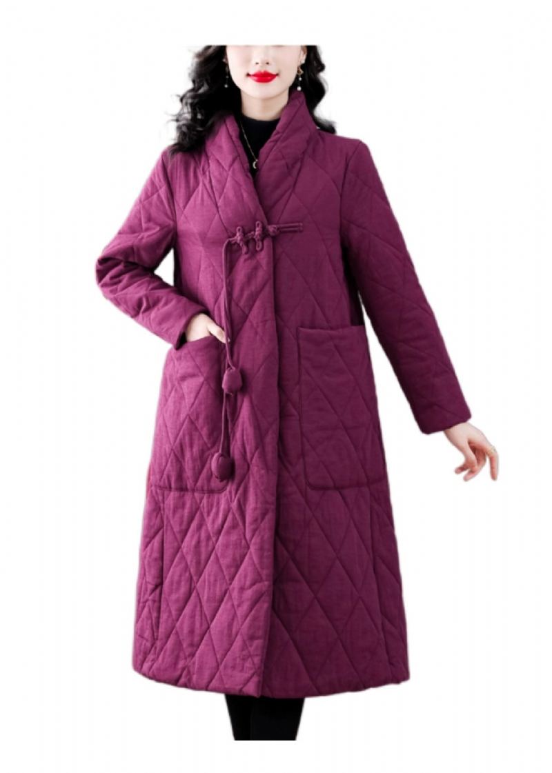 Vintage Violet Col En V Poches Bouton Chinois Fin Coton Rempli Manteau Hiver - Doudounes femmes