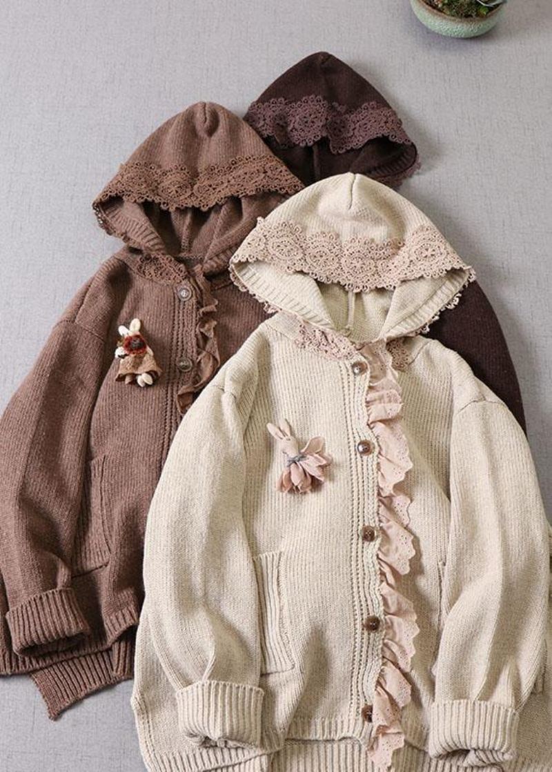 Art Beige À Capuche Boutonné Poches Automne Pulls En Tricot Manteau