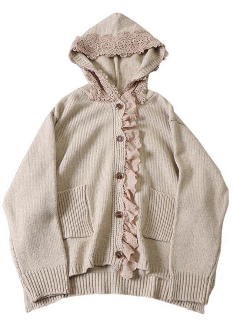 Art Beige À Capuche Boutonné Poches Automne Pulls En Tricot Manteau - Beige