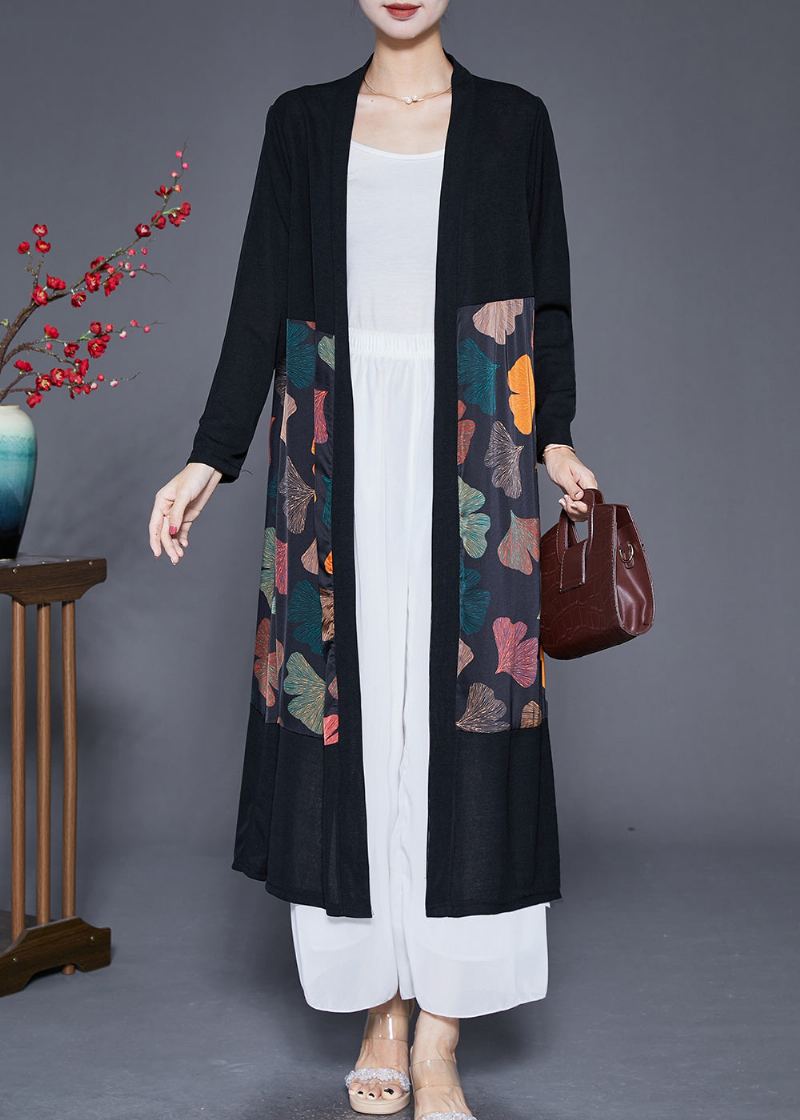 Art Black Cardigan Surdimensionné En Soie À Imprimé Feuilles Et Patchwork Automne