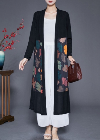 Art Black Cardigan Surdimensionné En Soie À Imprimé Feuilles Et Patchwork Automne