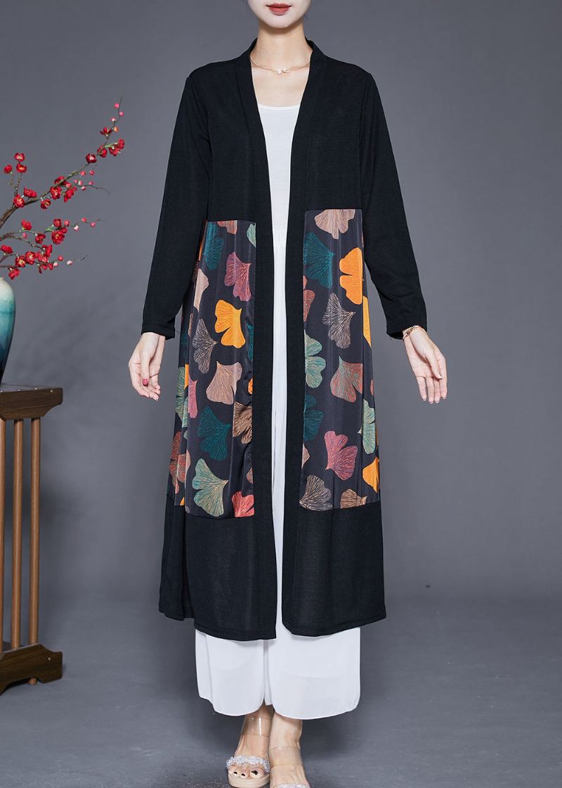 Art Black Cardigan Surdimensionné En Soie À Imprimé Feuilles Et Patchwork Automne - Cardigans femmes