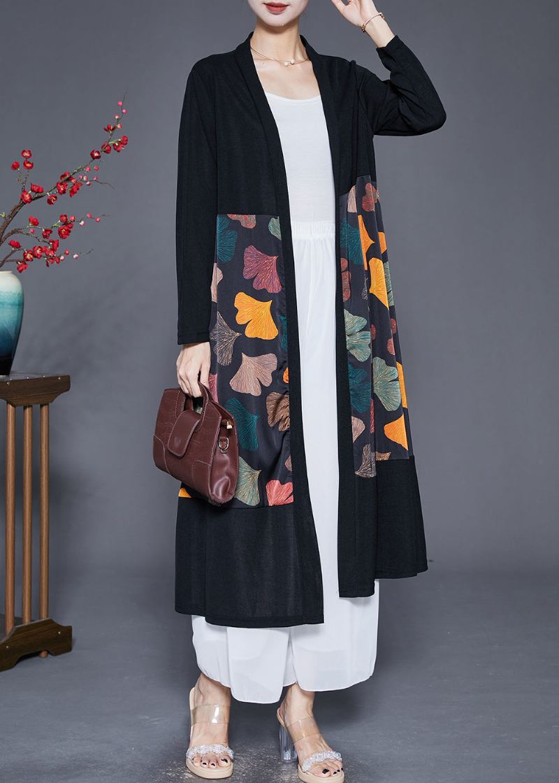 Art Black Cardigan Surdimensionné En Soie À Imprimé Feuilles Et Patchwork Automne - Cardigans femmes