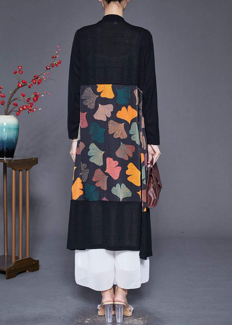 Art Black Cardigan Surdimensionné En Soie À Imprimé Feuilles Et Patchwork Automne - Cardigans femmes