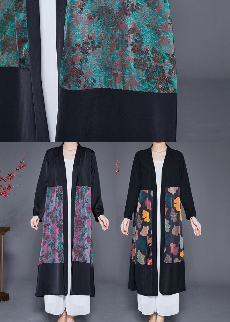 Art Black Cardigan Surdimensionné En Soie À Imprimé Feuilles Et Patchwork Automne - Cardigans femmes