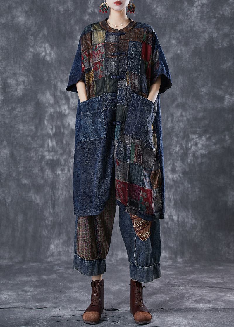 Art Navy Surdimensionné Patchwork Chinois Bouton Denim Cardigans Été - Cardigans femmes