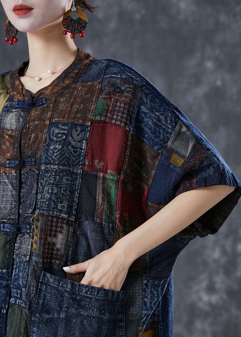 Art Navy Surdimensionné Patchwork Chinois Bouton Denim Cardigans Été - Cardigans femmes