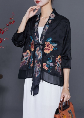 Art Noir Brodé Chinois Bouton Gland Soie Cardigan Automne