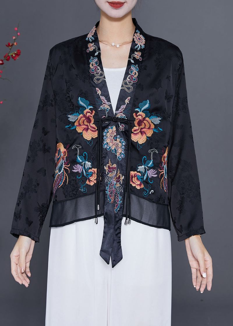 Art Noir Brodé Chinois Bouton Gland Soie Cardigan Automne - Cardigans femmes