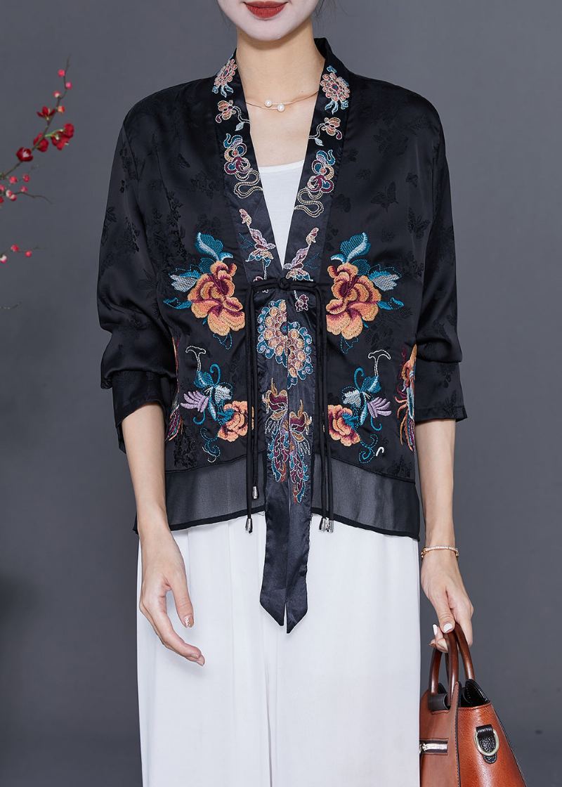 Art Noir Brodé Chinois Bouton Gland Soie Cardigan Automne - Cardigans femmes