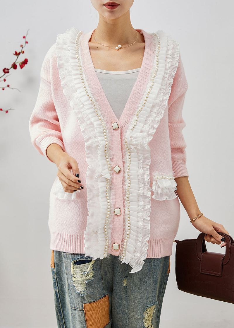 Art Pink - Manteaux Chauds En Tricot Patchwork À Volants Automne - Cardigans femmes