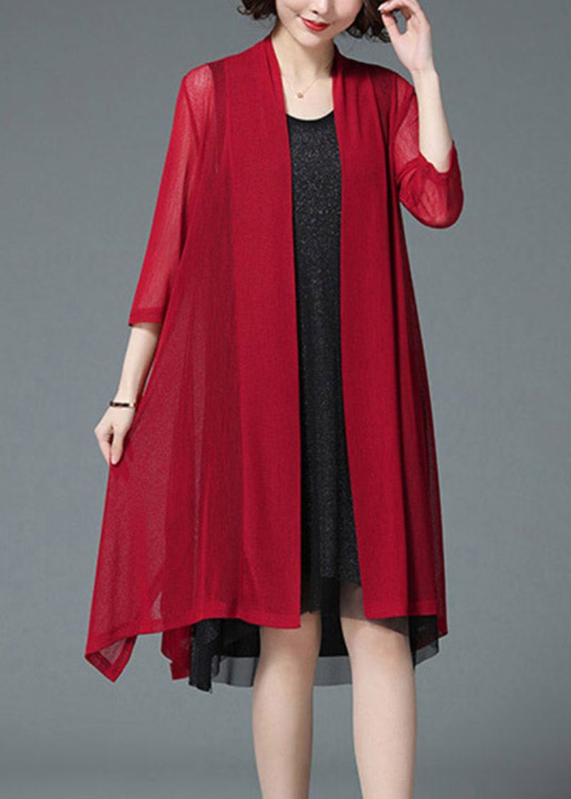 Baggy Plus Size Rouge Upf 50+ Cardigan De Plage En Tricot À Manches Trois Quarts - Cardigans femmes