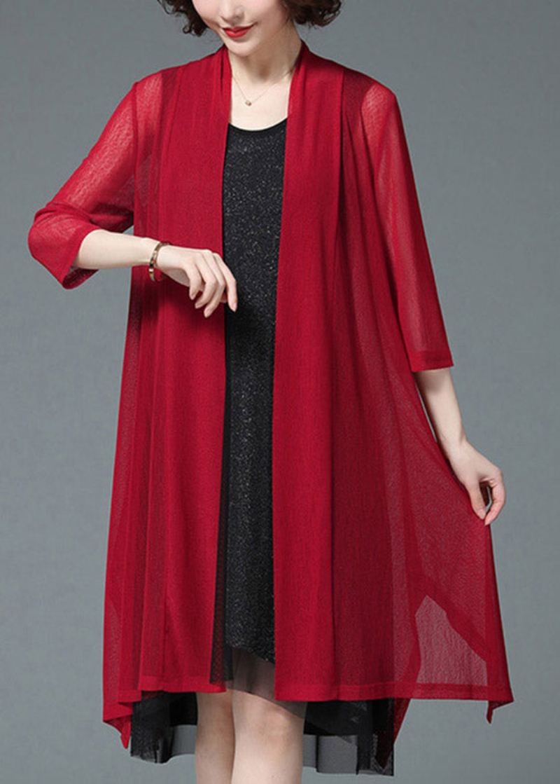 Baggy Plus Size Rouge Upf 50+ Cardigan De Plage En Tricot À Manches Trois Quarts - Cardigans femmes