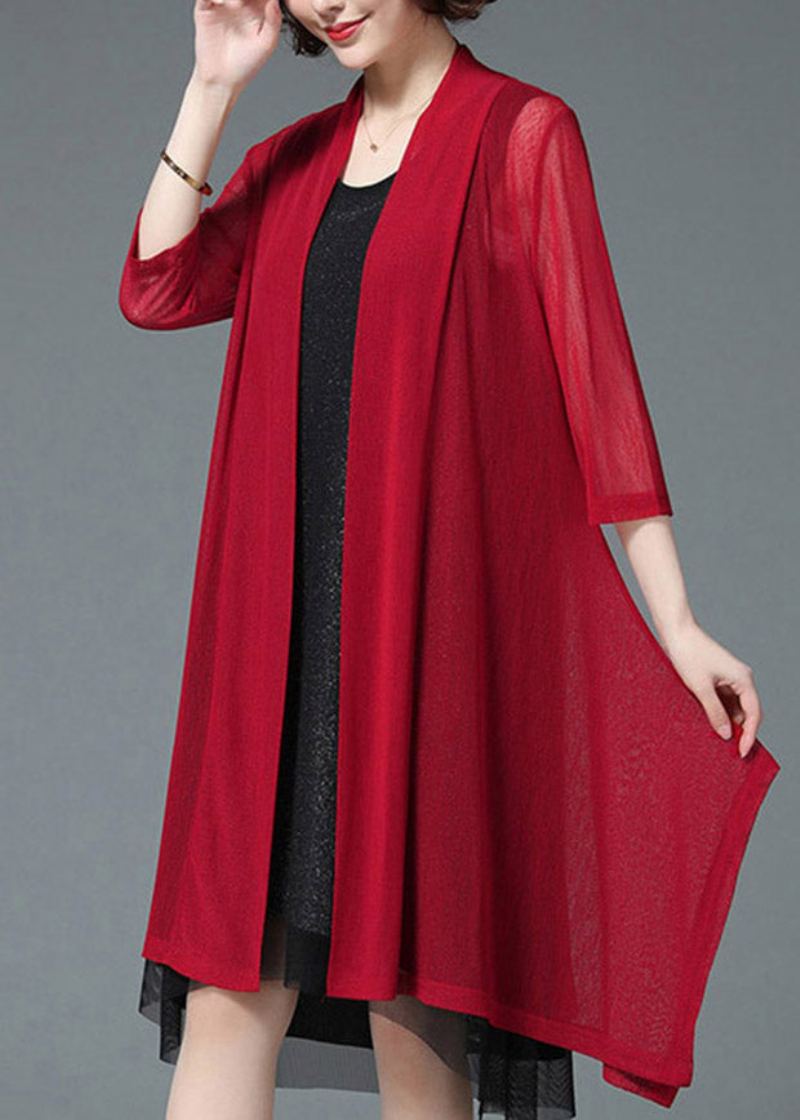 Baggy Plus Size Rouge Upf 50+ Cardigan De Plage En Tricot À Manches Trois Quarts - Cardigans femmes