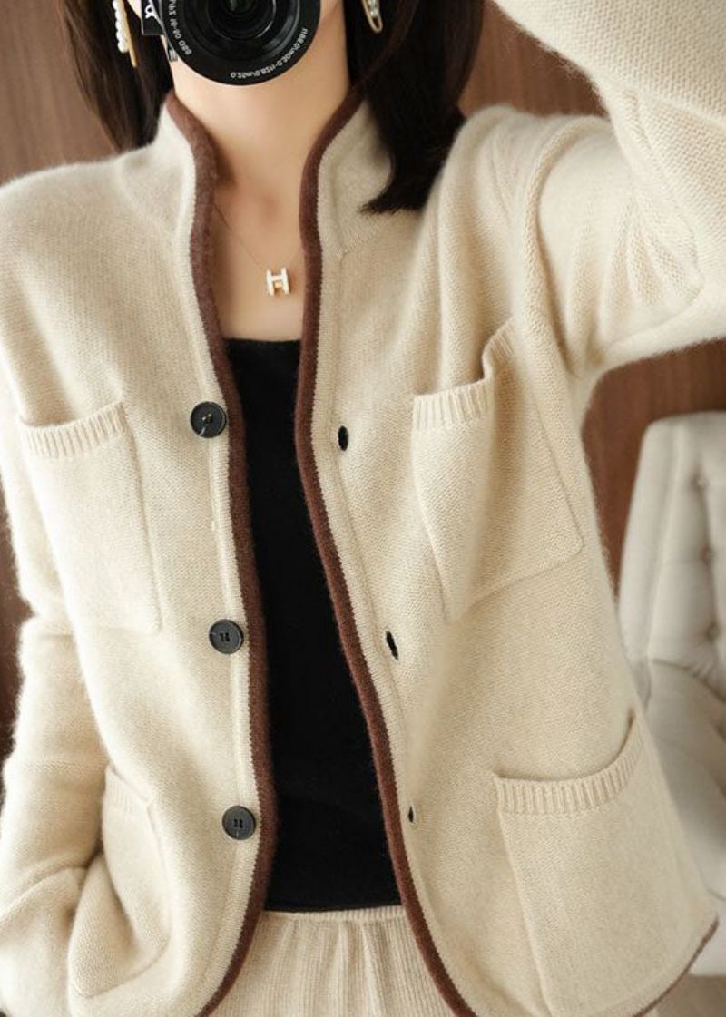 Beau Cardigan Ample Beige À Col Montant Avec Poches En Tricot Épais Pour L'hiver - Cardigans femmes