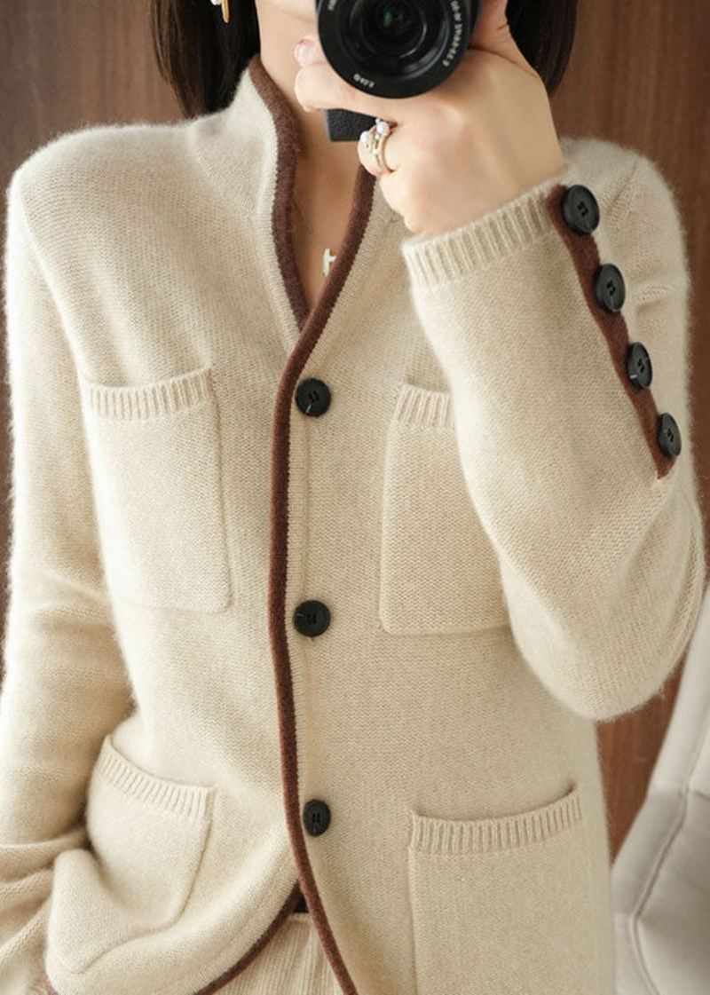 Beau Cardigan Ample Beige À Col Montant Avec Poches En Tricot Épais Pour L'hiver - Cardigans femmes