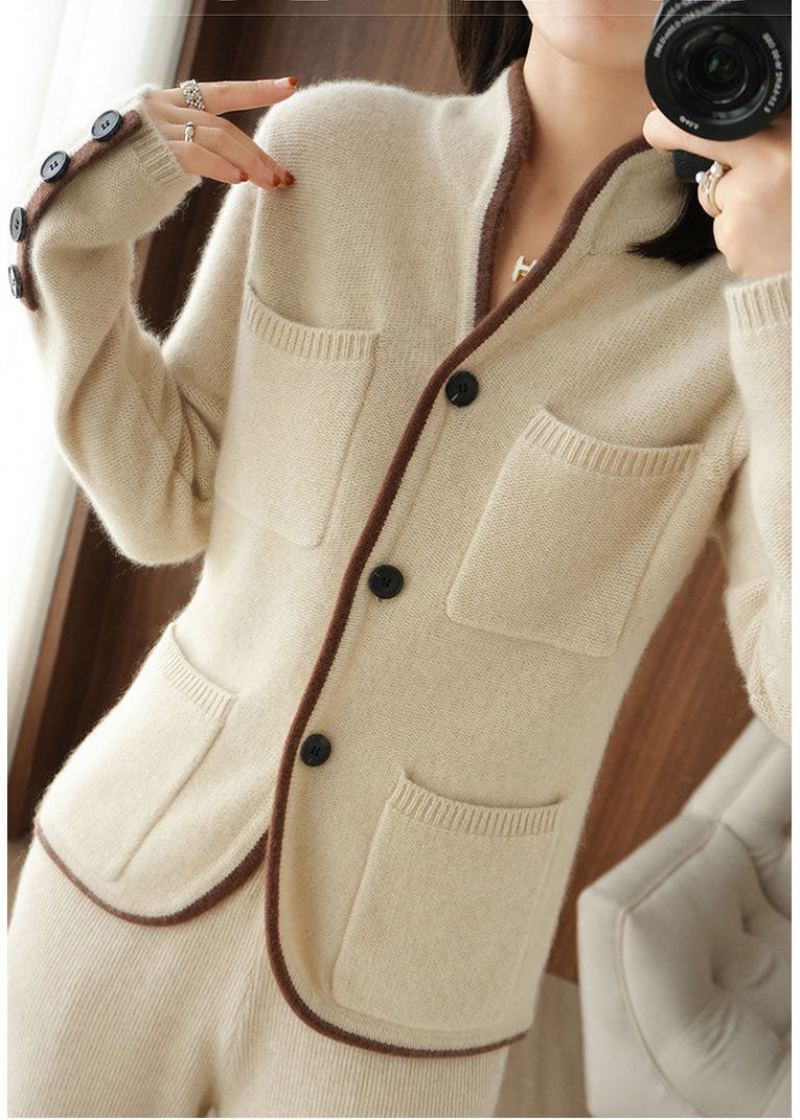 Beau Cardigan Ample Beige À Col Montant Avec Poches En Tricot Épais Pour L'hiver - Cardigans femmes