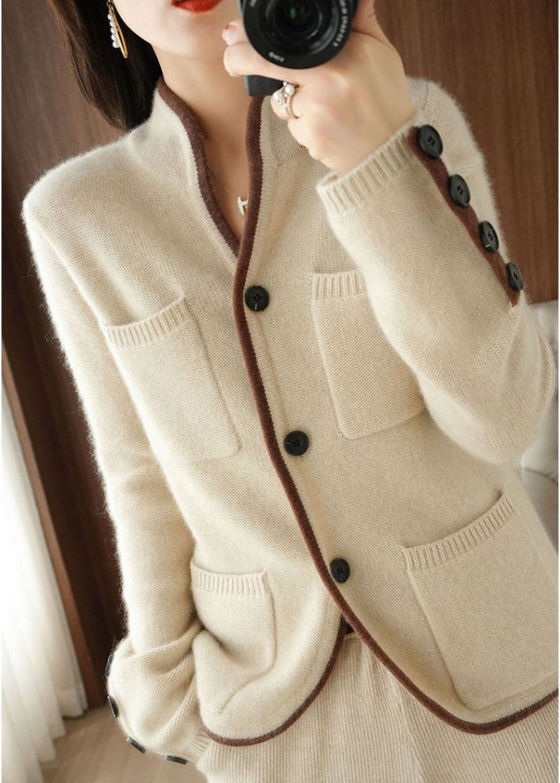 Beau Cardigan Ample Beige À Col Montant Avec Poches En Tricot Épais Pour L'hiver - Cardigans femmes