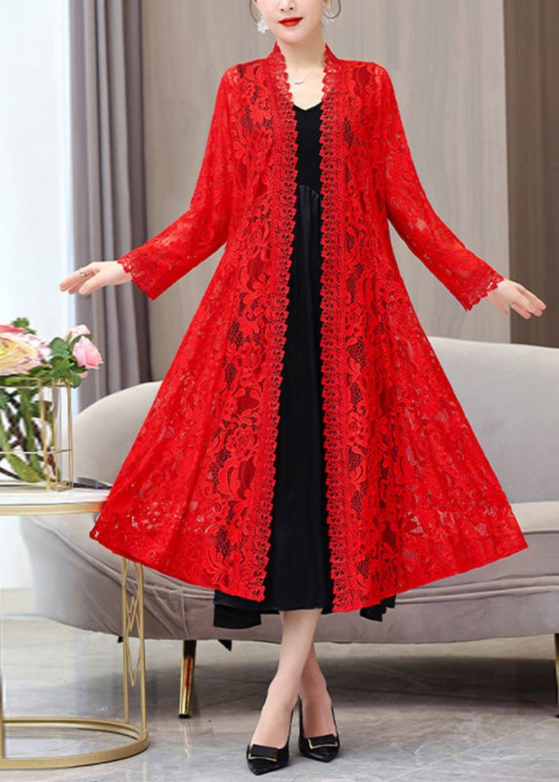 Beau Cardigan Rouge De Protection Solaire En Dentelle Longue À Col En V Pour L'été