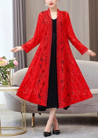 Beau Cardigan Rouge De Protection Solaire En Dentelle Longue À Col En V Pour L'été