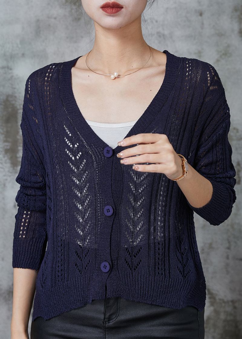 Beau Cardigan En Tricot Boutonné Bleu Marine Printemps - Cardigans femmes