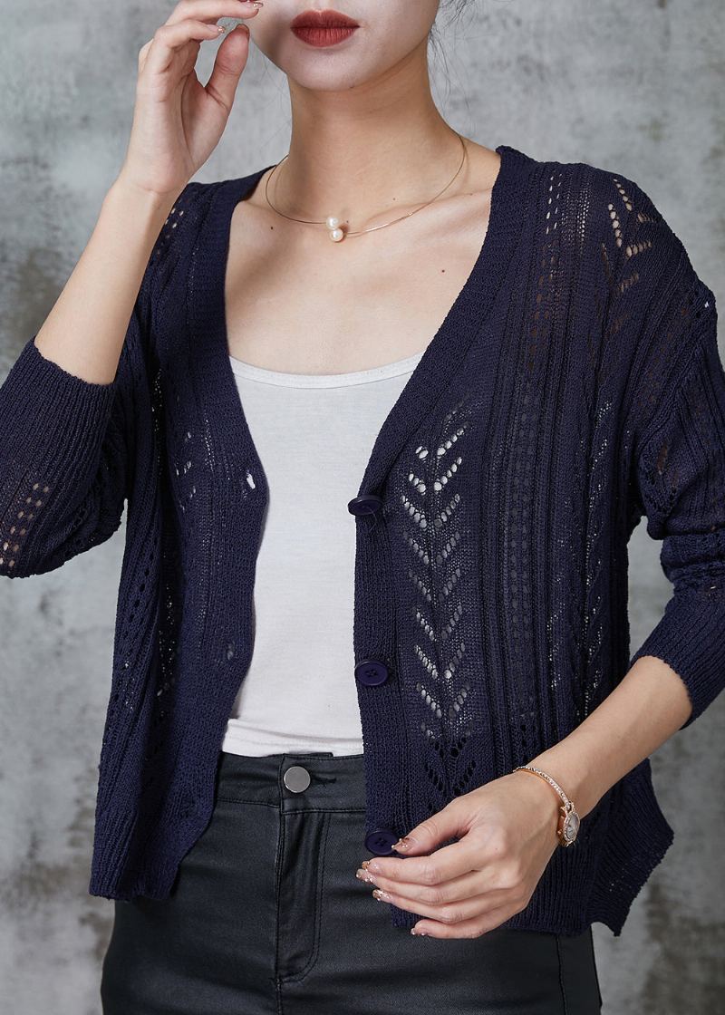 Beau Cardigan En Tricot Boutonné Bleu Marine Printemps - Cardigans femmes