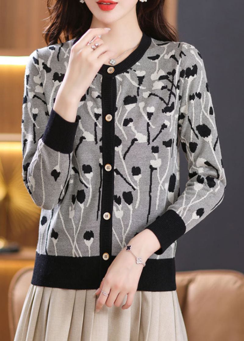 Beau Cardigan En Tricot Patchwork Imprimé Noir À Manches Longues - Noir