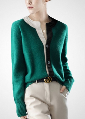 Beau Vert Col Rond Patchwork Bouton Laine Tricot Cardigans Hiver