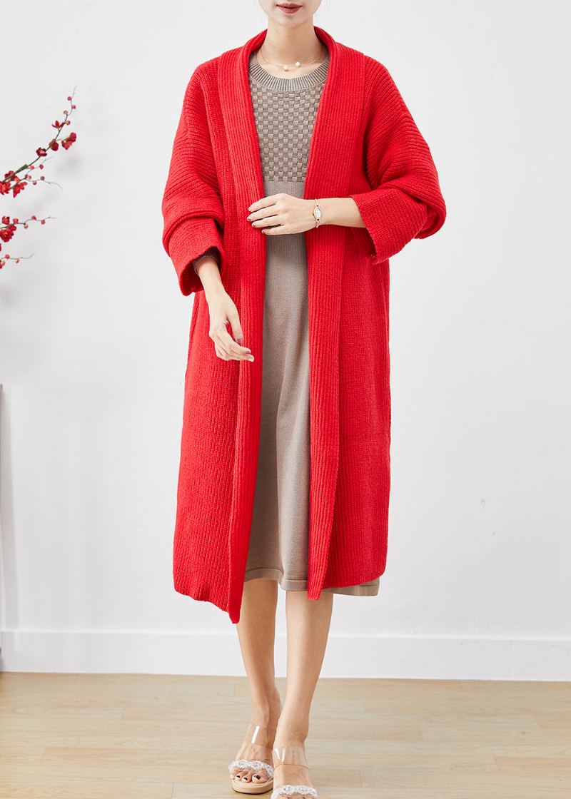 Beaux Cardigans En Tricot Chaud Surdimensionnés Rouges Automne