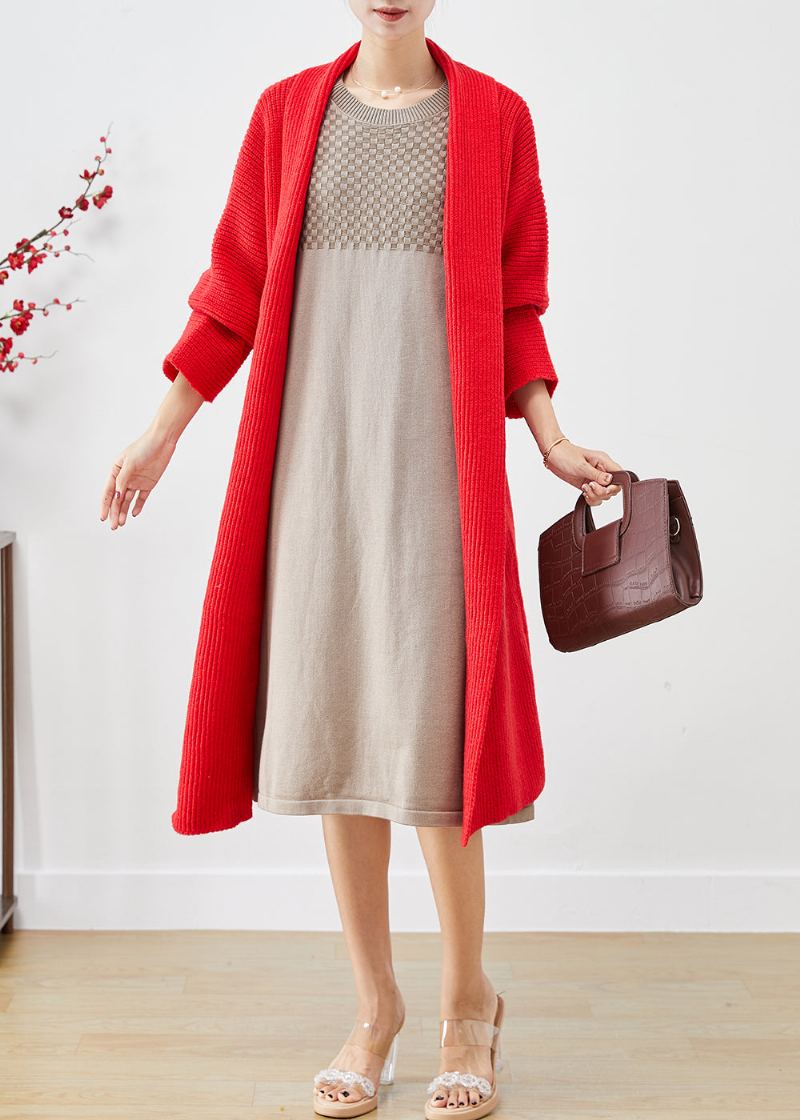 Beaux Cardigans En Tricot Chaud Surdimensionnés Rouges Automne - Cardigans femmes