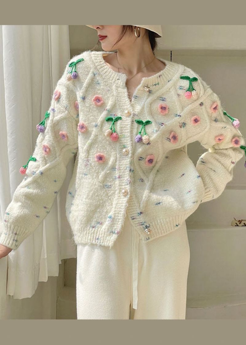 Beaux Cardigans En Tricot Floral À Boutons Blancs Printemps