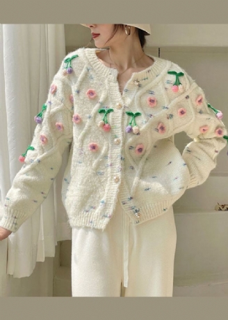 Beaux Cardigans En Tricot Floral À Boutons Blancs Printemps