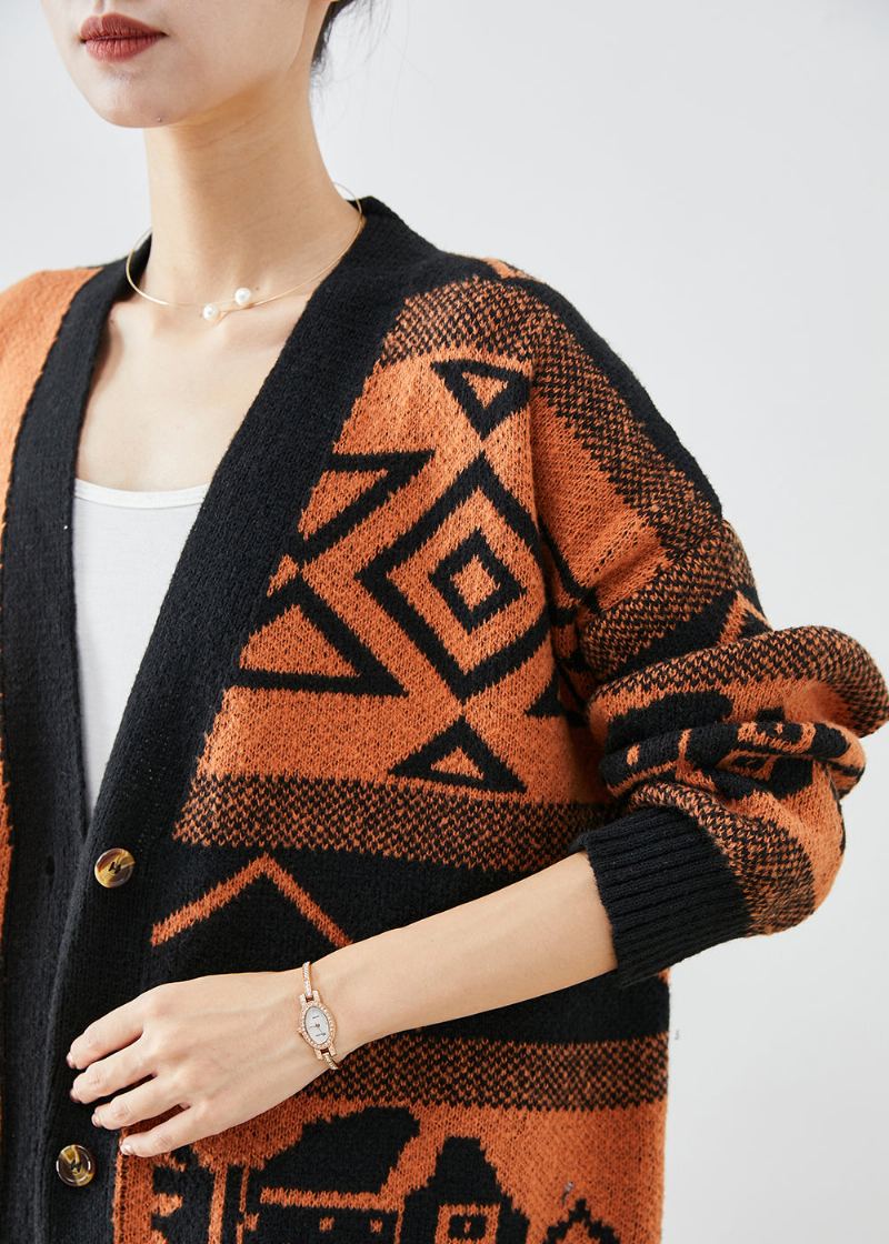 Beaux Cardigans En Tricot Imprimés Surdimensionnés Orange Automne - Cardigans femmes