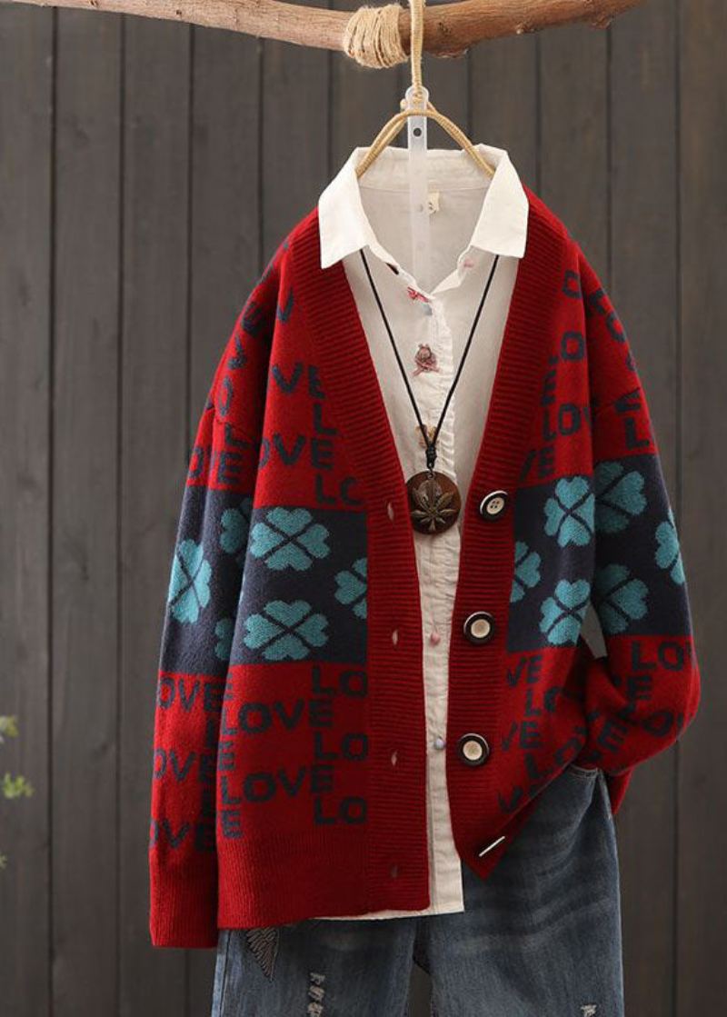 Beaux Cardigans En Tricot Surdimensionnés Rouges En Patchwork Avec Lettres Imprimées Pour L'hiver