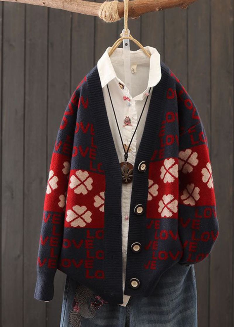 Beaux Cardigans En Tricot Surdimensionnés Rouges En Patchwork Avec Lettres Imprimées Pour L'hiver - Cardigans femmes