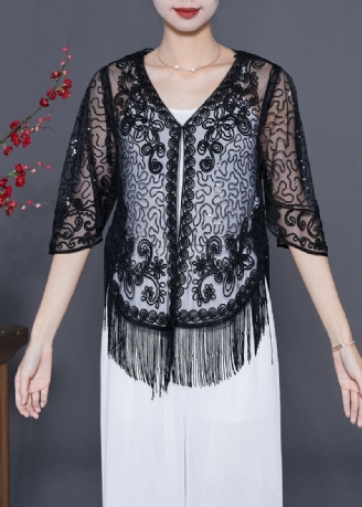 Beaux Cardigans En Tulle Brodé Noir Été