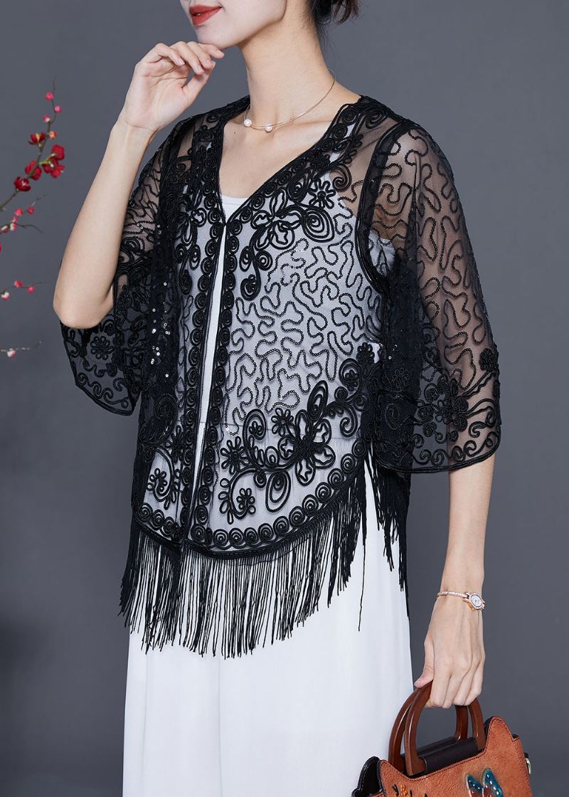 Beaux Cardigans En Tulle Brodé Noir Été - Cardigans femmes