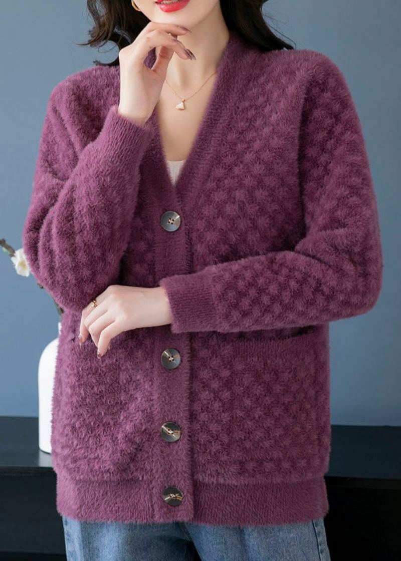 Beaux Manteaux Tricotés En Poils De Vison Violets Avec Poches À Col En V Et Patchwork Automne - Cardigans femmes