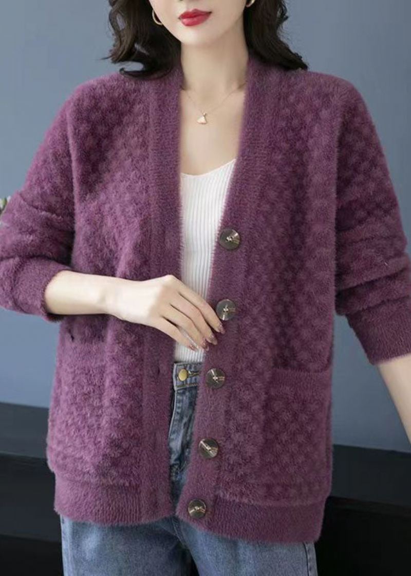 Beaux Manteaux Tricotés En Poils De Vison Violets Avec Poches À Col En V Et Patchwork Automne - Cardigans femmes