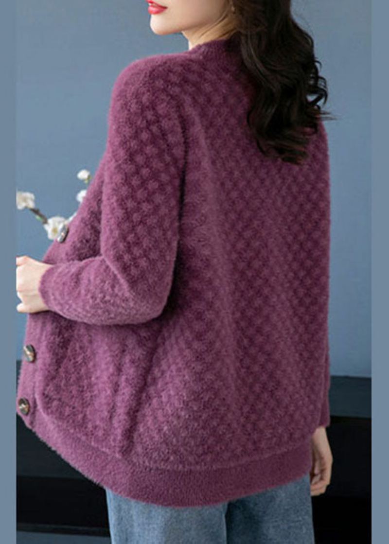 Beaux Manteaux Tricotés En Poils De Vison Violets Avec Poches À Col En V Et Patchwork Automne - Cardigans femmes