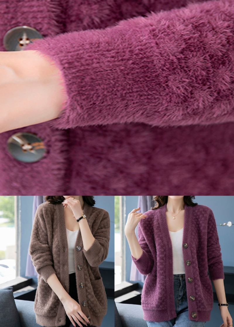 Beaux Manteaux Tricotés En Poils De Vison Violets Avec Poches À Col En V Et Patchwork Automne - Cardigans femmes