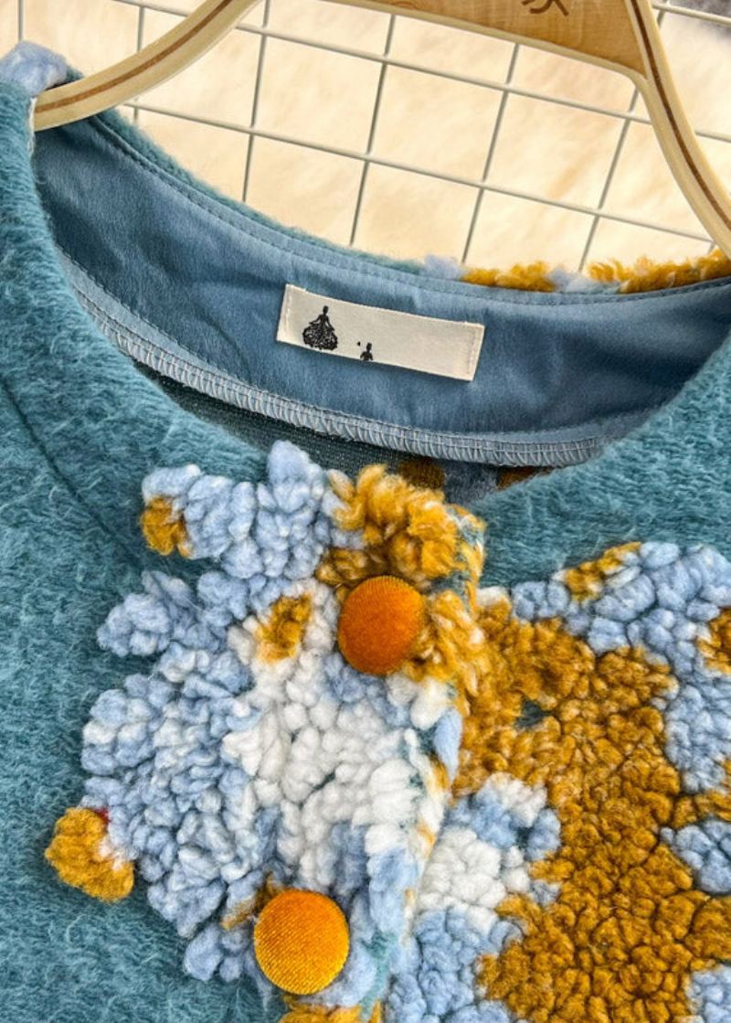 Beaux Pulls Tricotés Bleus À Col Rond Et Boutons Floraux Moelleux Printemps - Cardigans femmes